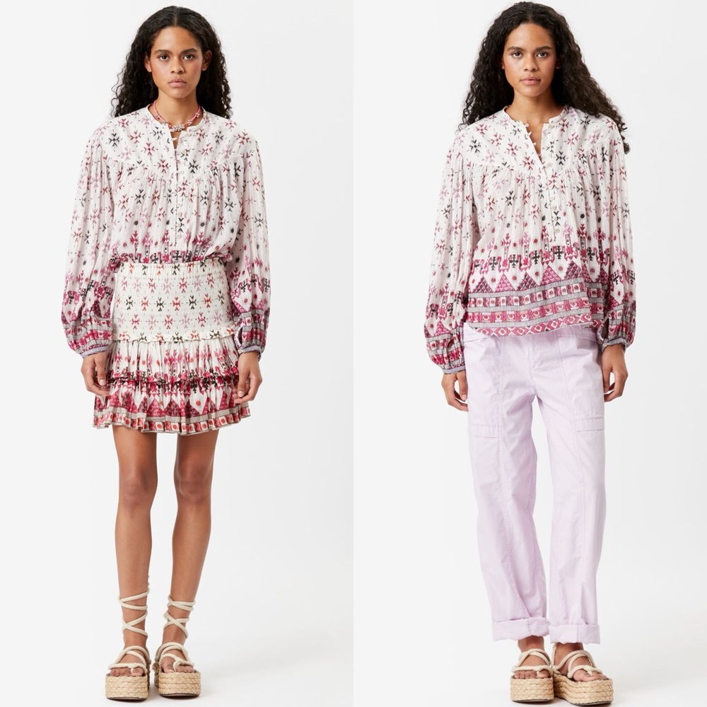 NEW Isabel Marant Salika Printed Cotton Blouse White/Pink/Silver S/S 23 Size 2